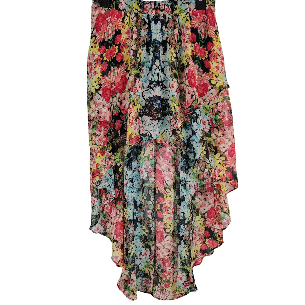 Joe Benbasset Womens SZ M High Low Floral Skirt Multicolor Chiffon Boho Ruffle